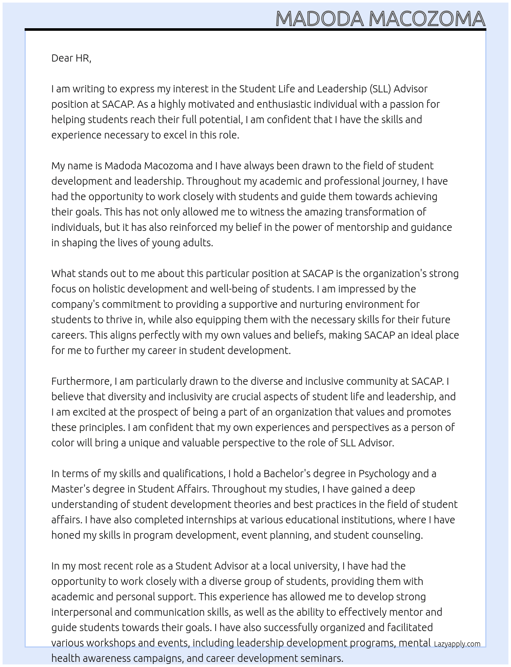 Student Life and Leadership (SLL) Advisor At SACAP Cover Letter