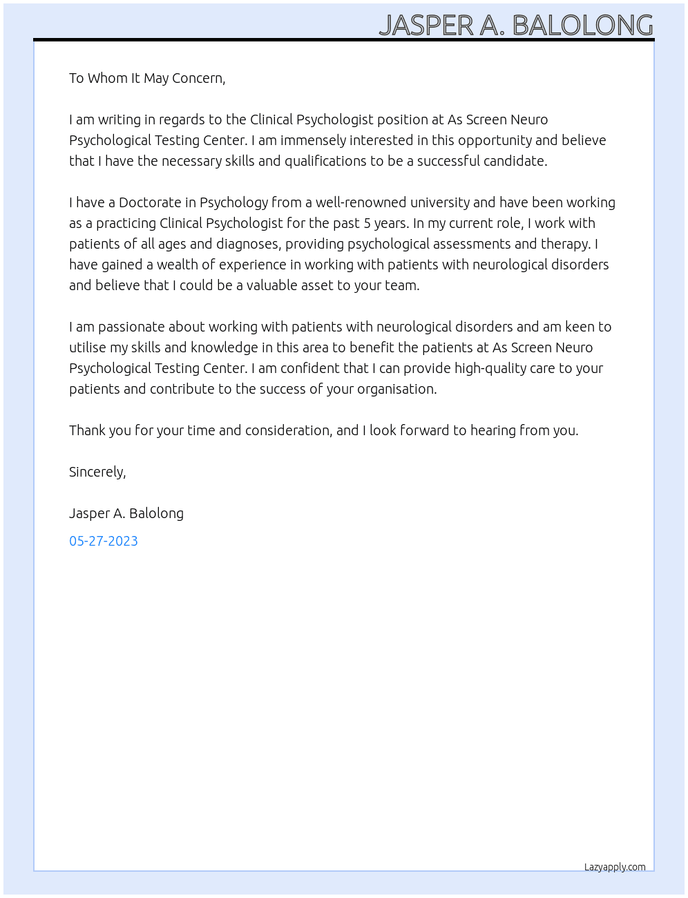Clinical psychologist  At As Screen Neuro Psychological Testing Center Cover Letter