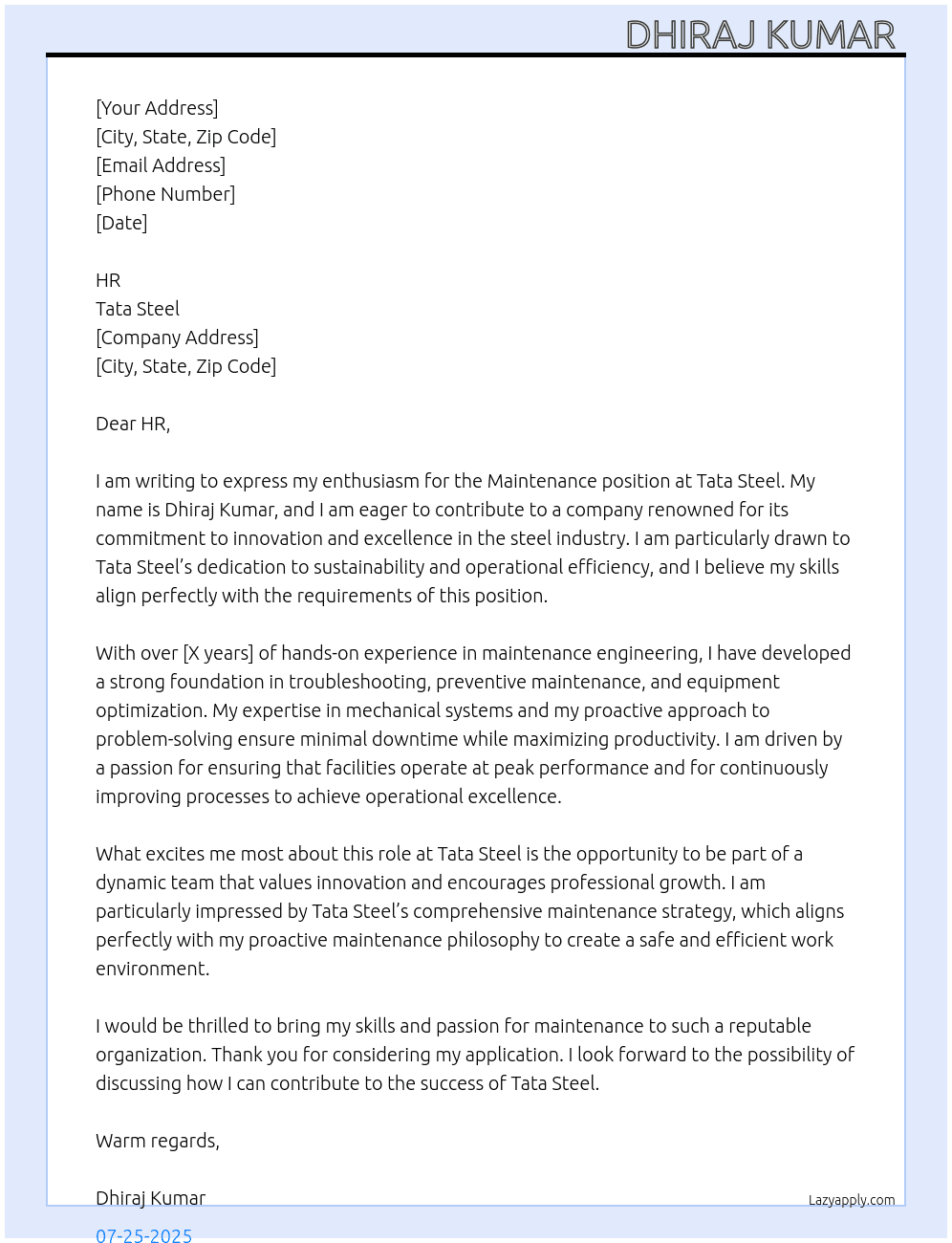Maintenance  At Tata Steel  Cover Letter