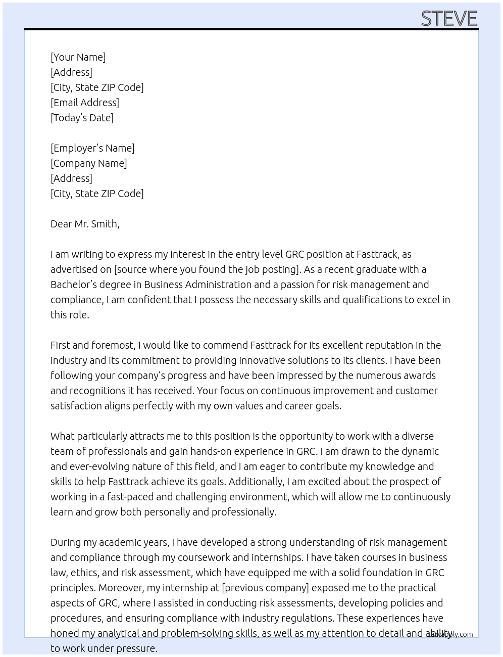 entry level grc At Fasttrack Cover Letter