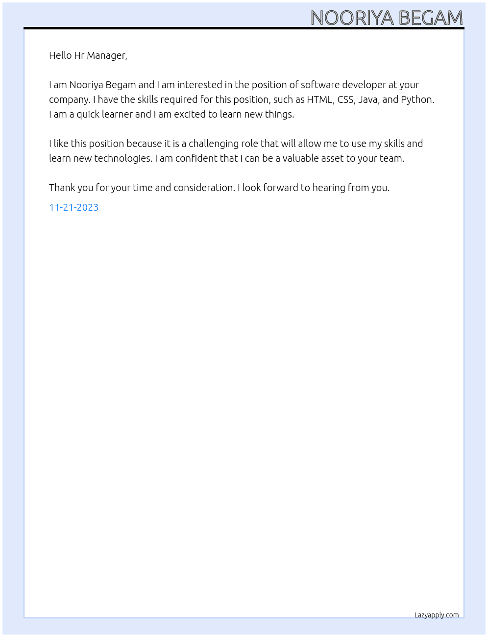 Software developer At Software company Cover Letter