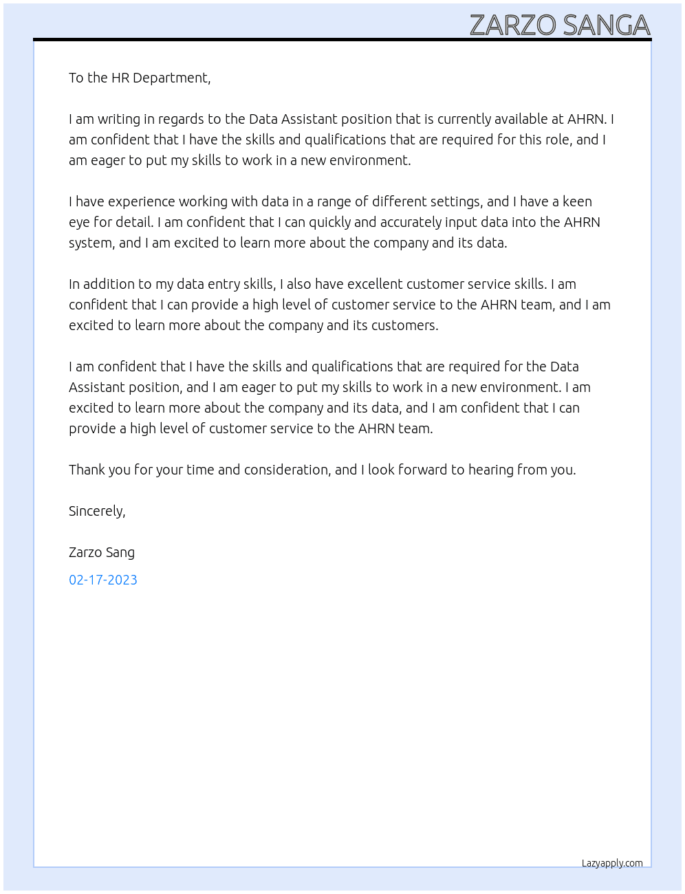 Data assistant  At AHRN Cover Letter
