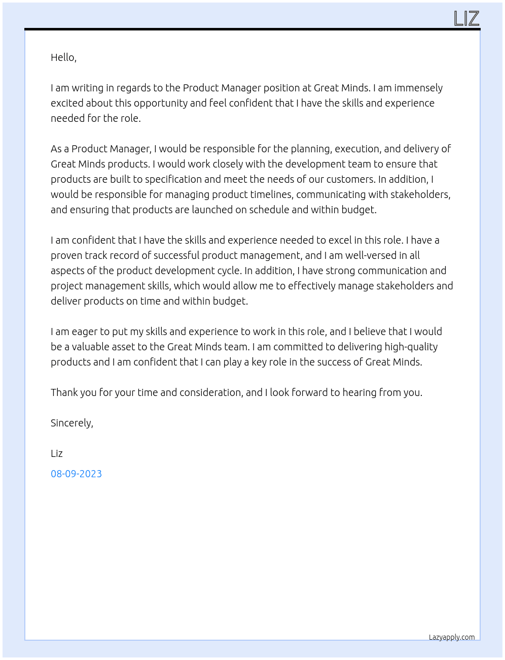 Product Manager  At Great Minds  Cover Letter