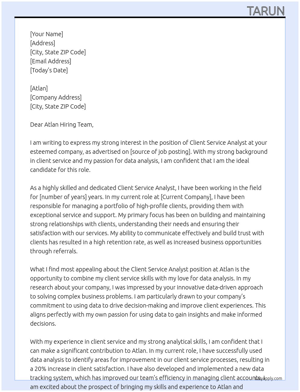 Client Service Analyst At Atlan Cover Letter