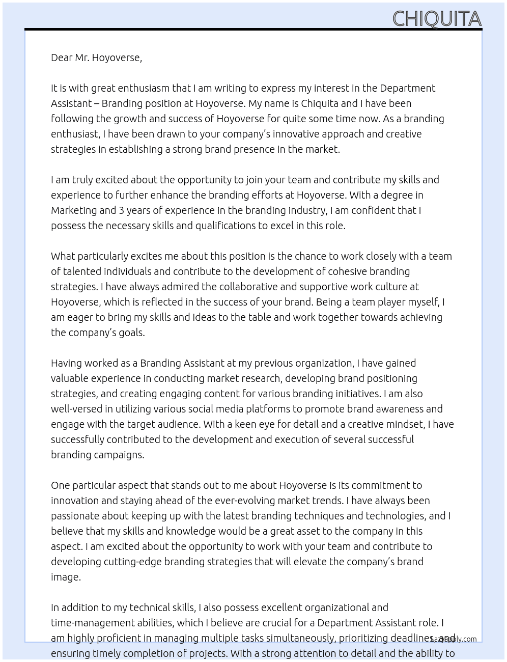 Department Assistant - Branding  At Hoyoverse Cover Letter