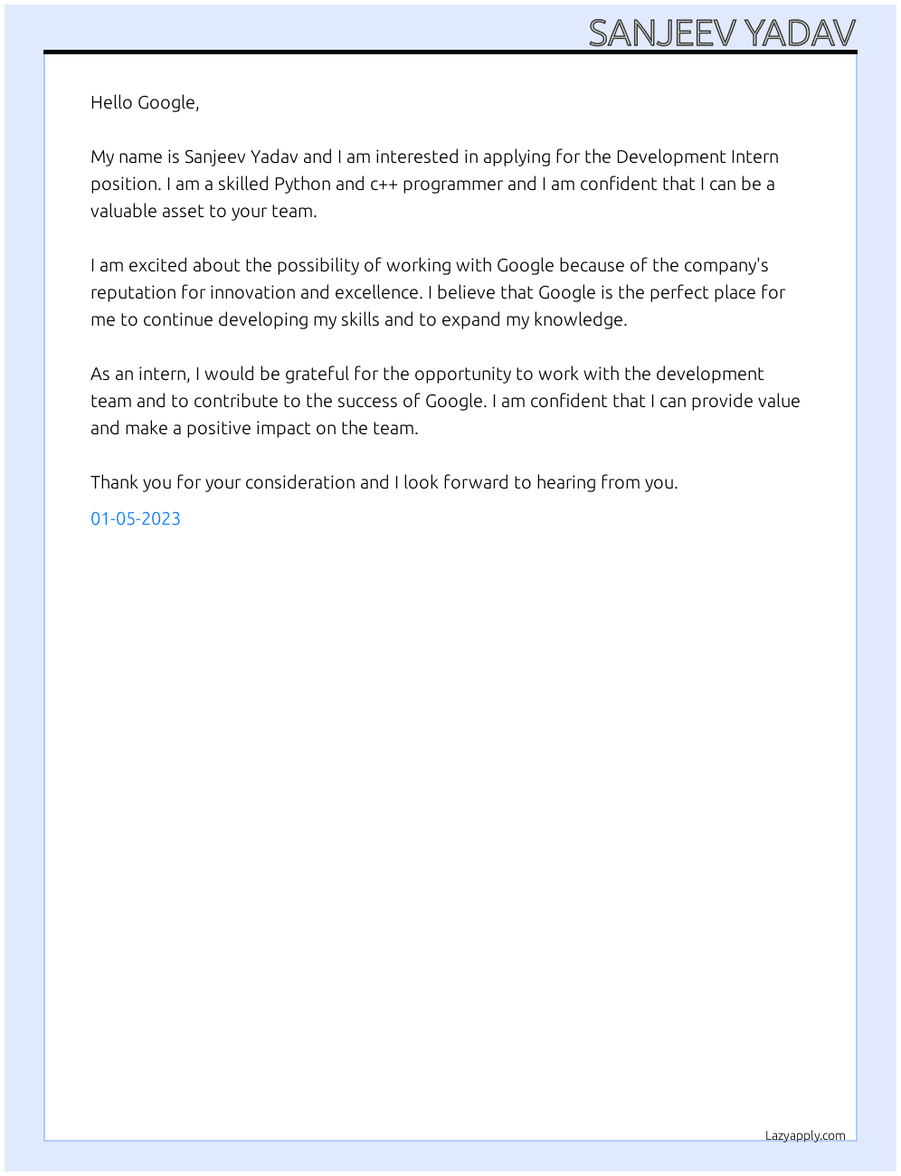 Development Intern  At Google Cover Letter