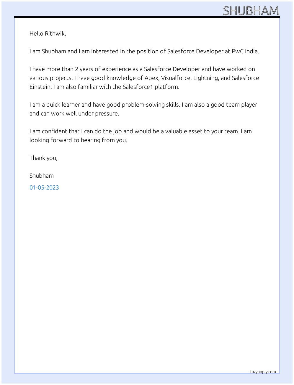 Salesforce Developer At PwC India Cover Letter