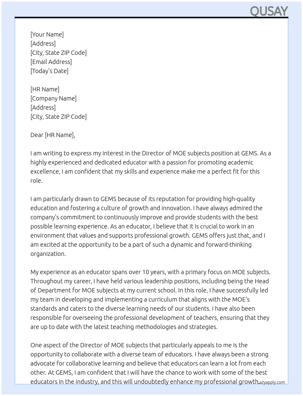 Director of MOE subjects At GEMS Cover Letter