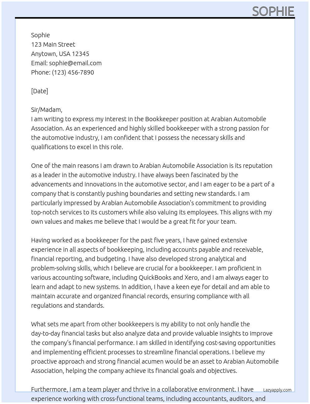 bookkeeper At Arabian Automobile Association Cover Letter