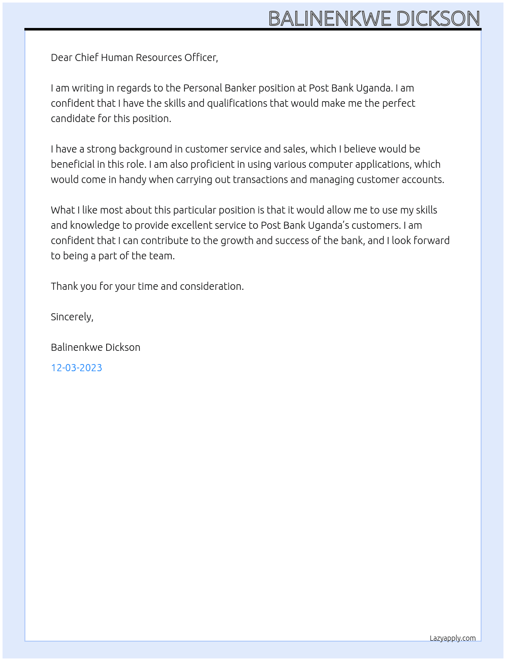 PERSONAL BANKER At POST BANK UGANDA  Cover Letter