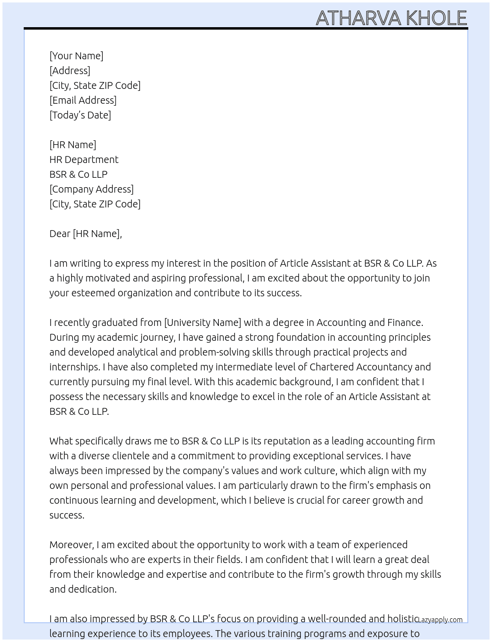 Article Assistant At BSR & Co LLP Cover Letter