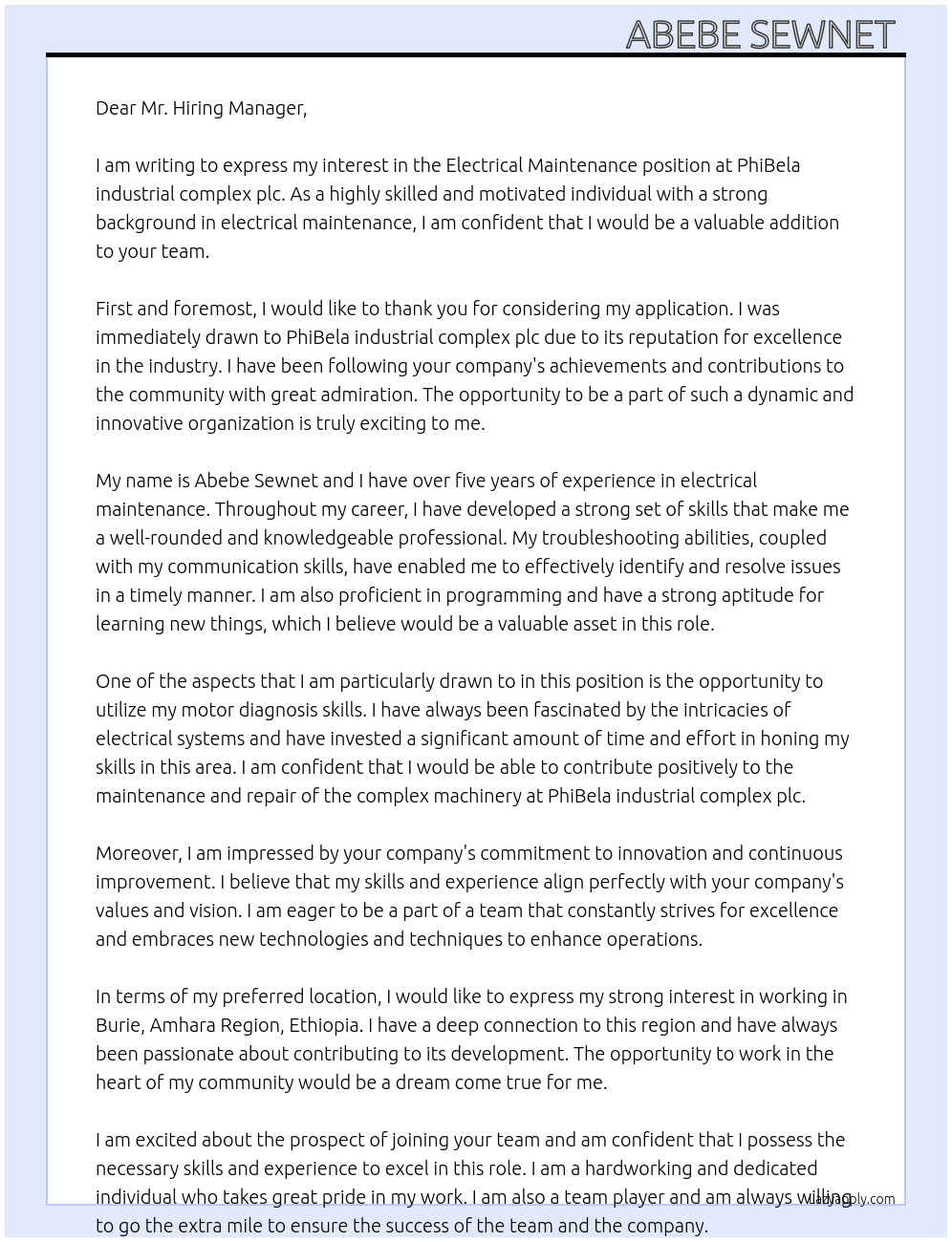 Electrical maintenance  At PhiBela industrial complex plc Cover Letter