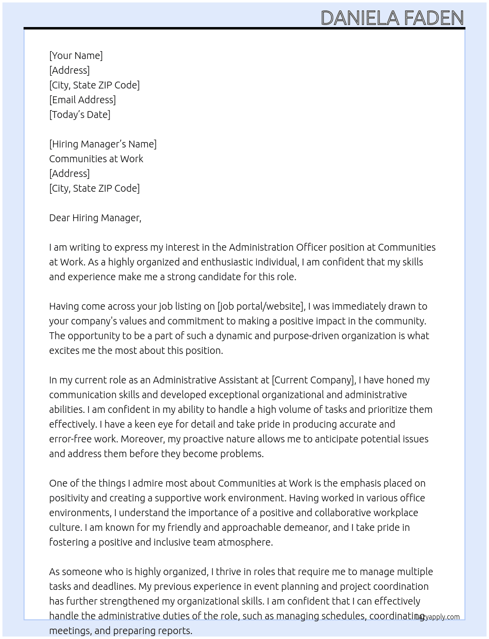 Administration Officer At Communities at work Cover Letter
