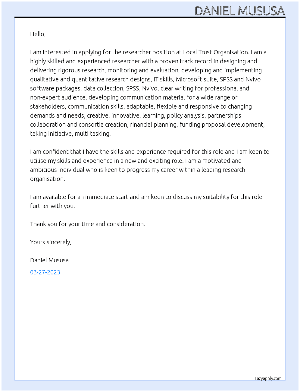 Researcher At Local Trust Organisation Cover Letter