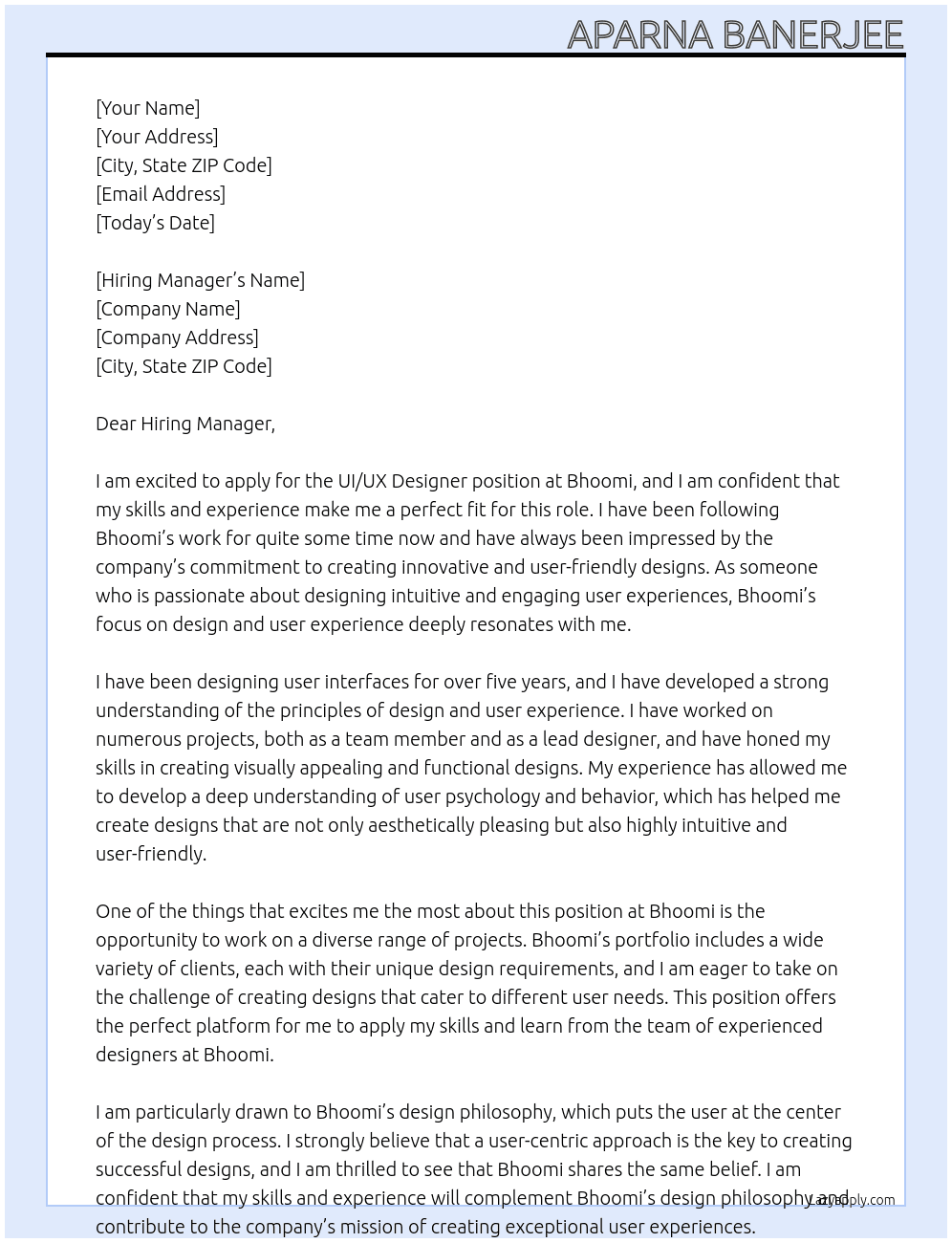 UI UX DESIGNER At Bhoomi Cover Letter