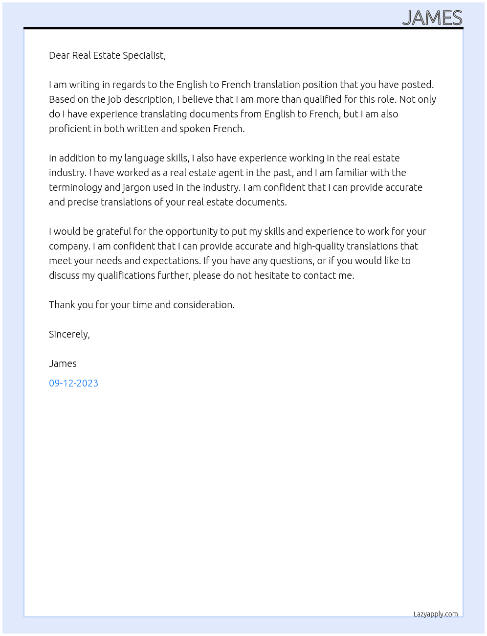 English to French transation At Real Estate Specialist Cover Letter