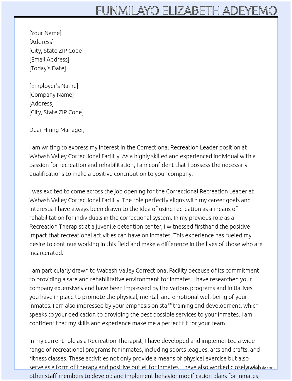 Correctional Recreation Leader At Wabash Valley Correctional Facility Cover Letter
