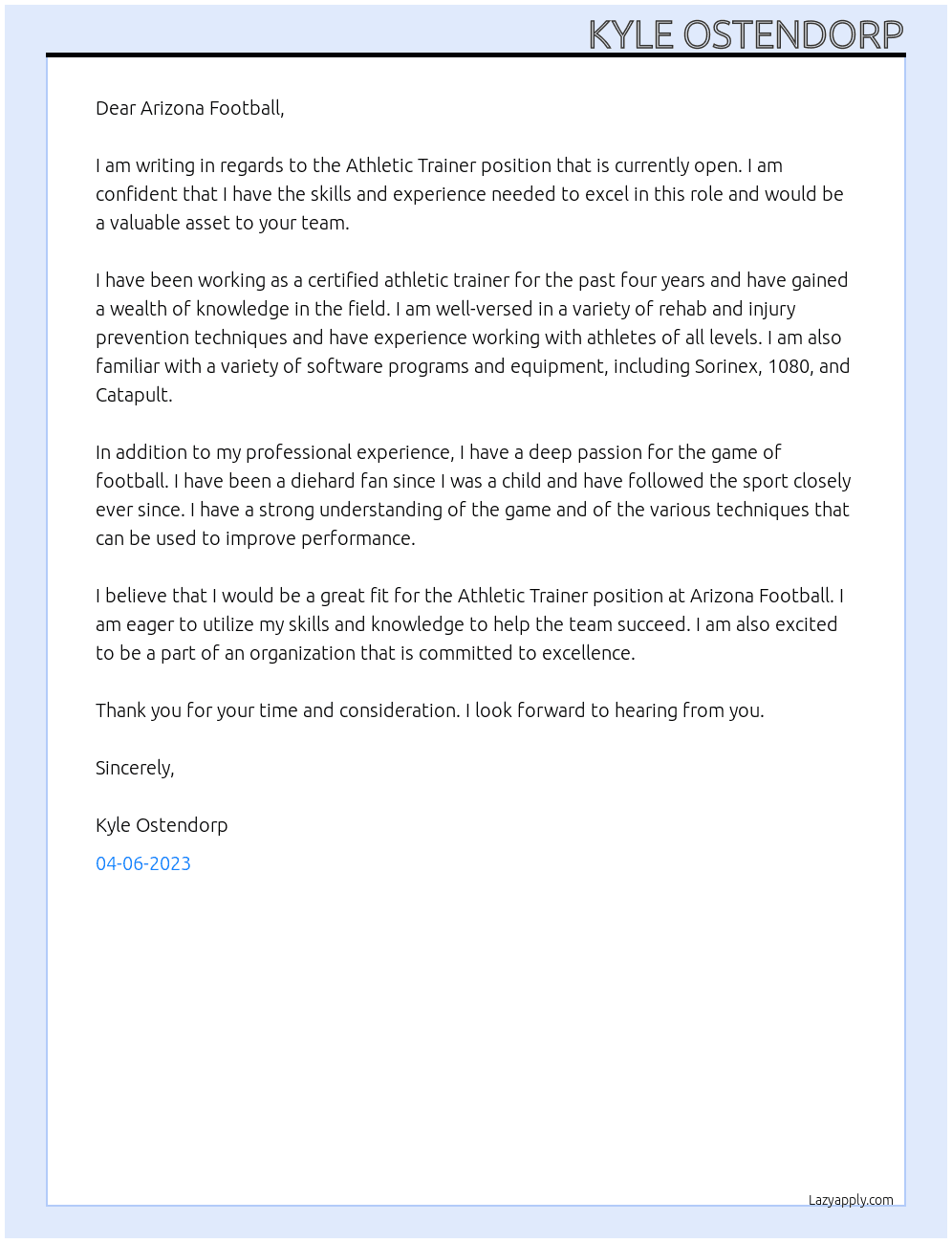 Athletic Trainer At Arizona Football Cover Letter