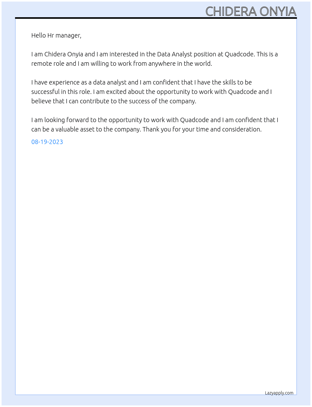 Data Analyst  At Quadcode Cover Letter