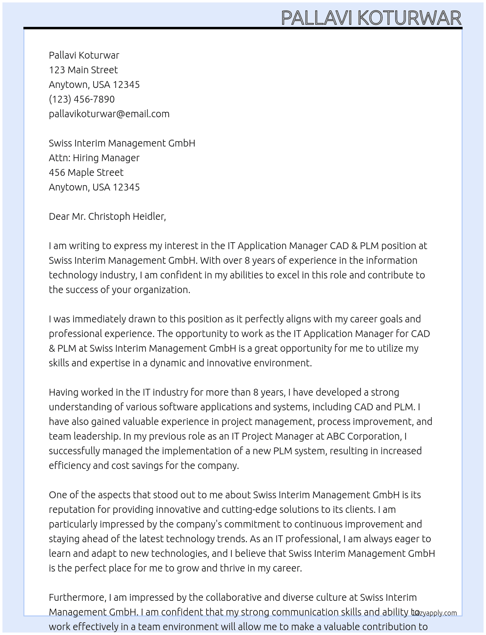 IT Application Manager CAD & PLM At Swiss Interim Management GmbH Cover Letter