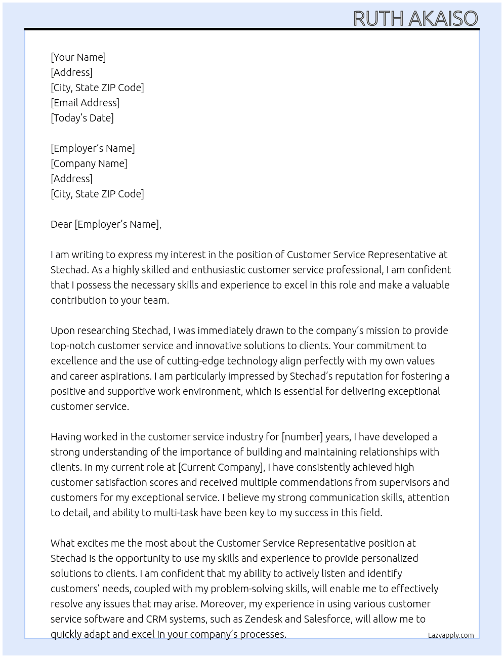 customer service representative At stechad Cover Letter