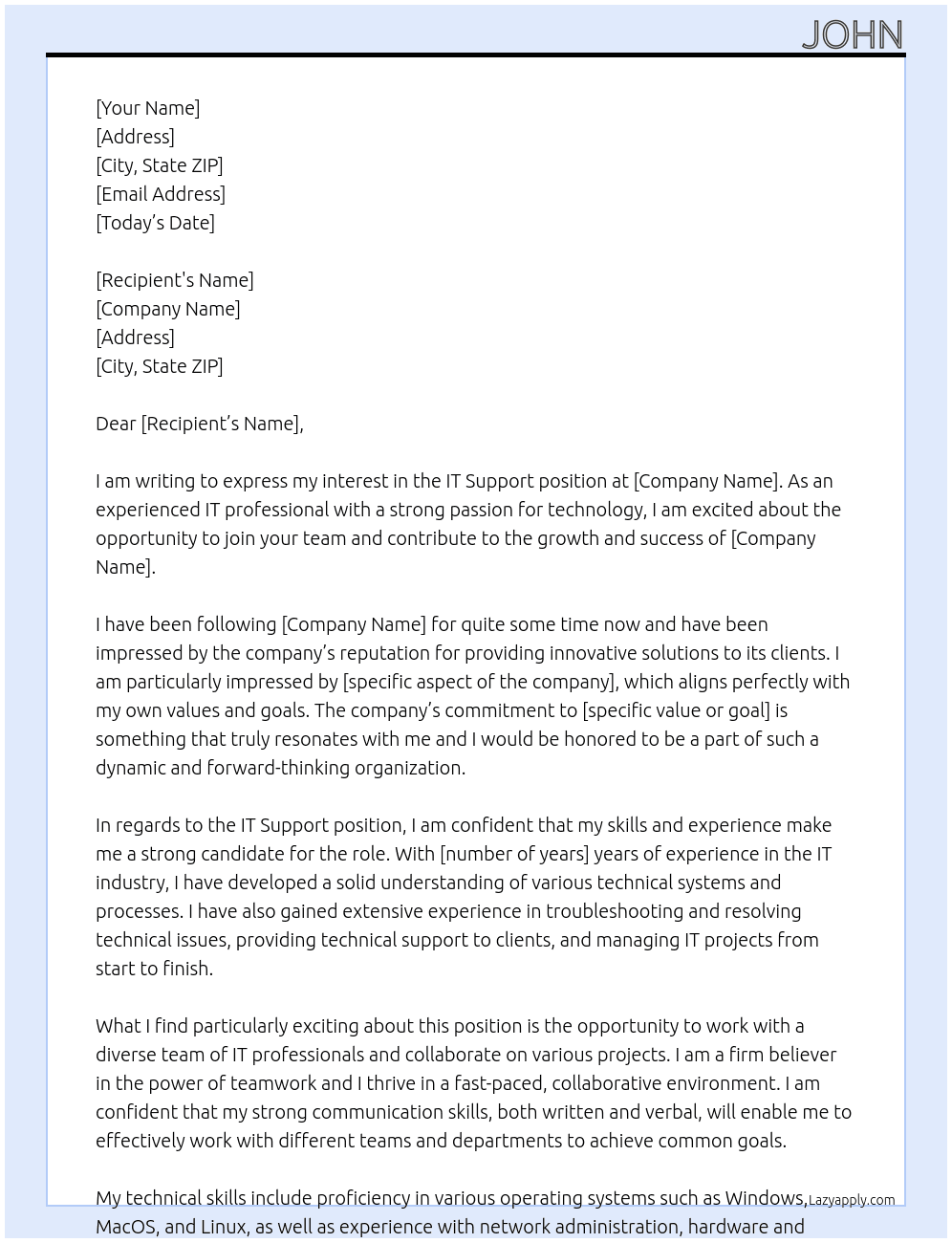 IT Support At SMITH Cover Letter