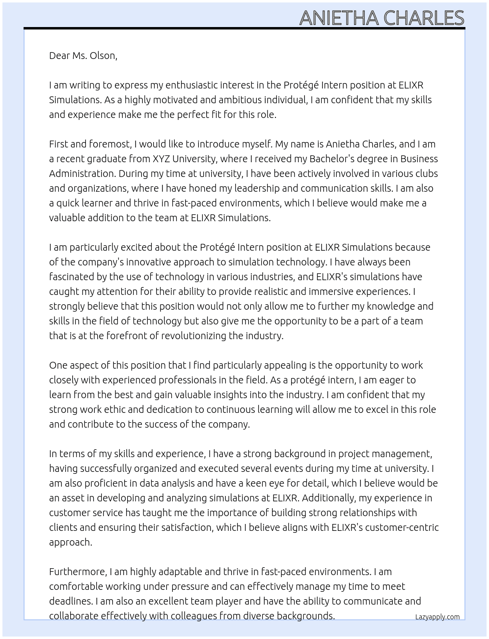 Protégé Intern At ELIXR Simulations Cover Letter