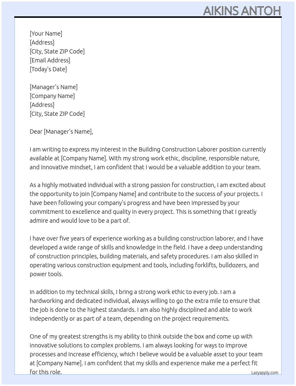 Building construction laborer  At Any company available  Cover Letter