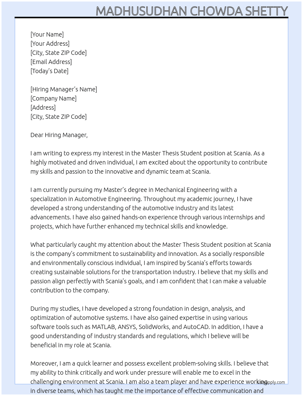 Master Thesis Student At Scania Cover Letter