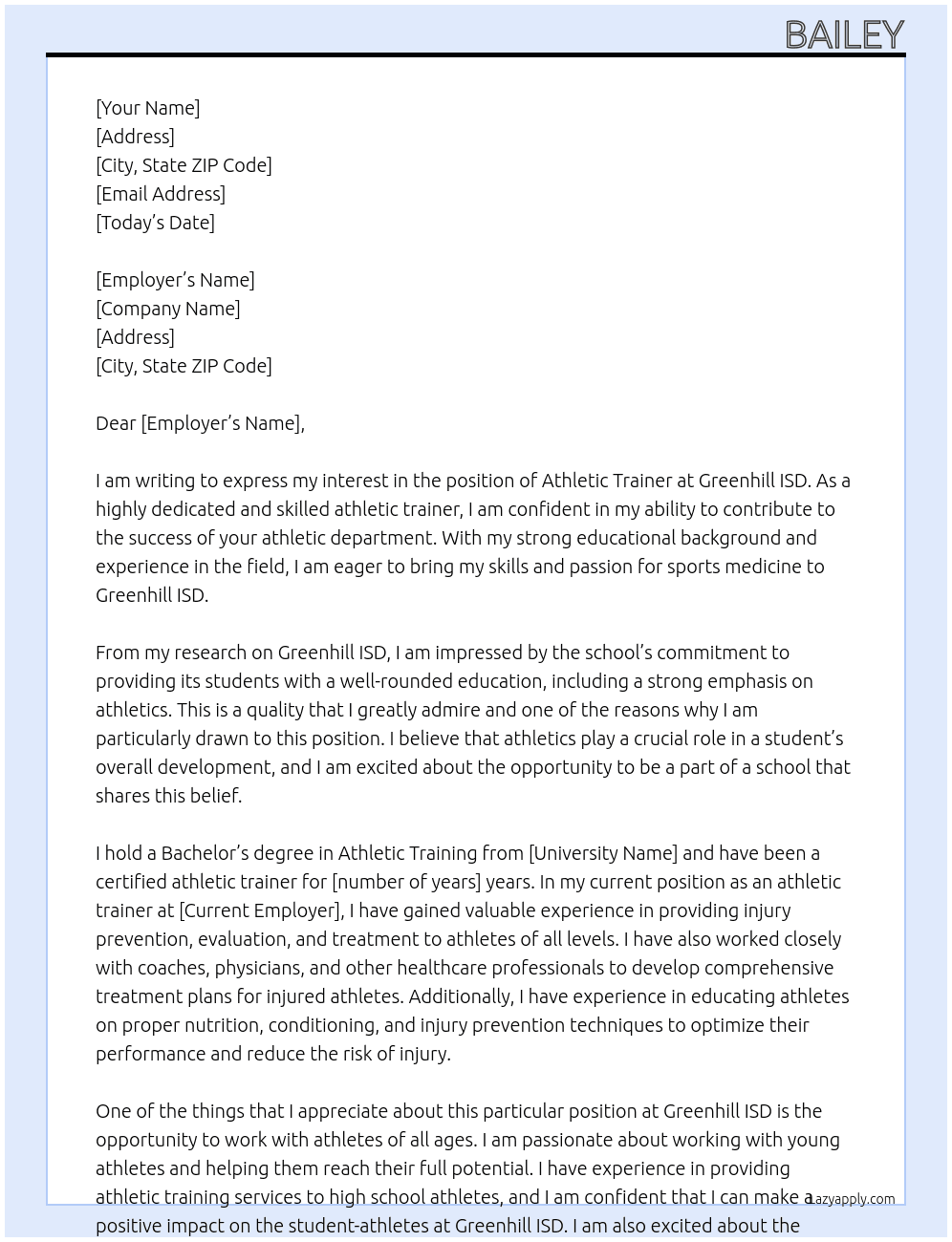 Athletic Trainer At Greenhill ISD Cover Letter