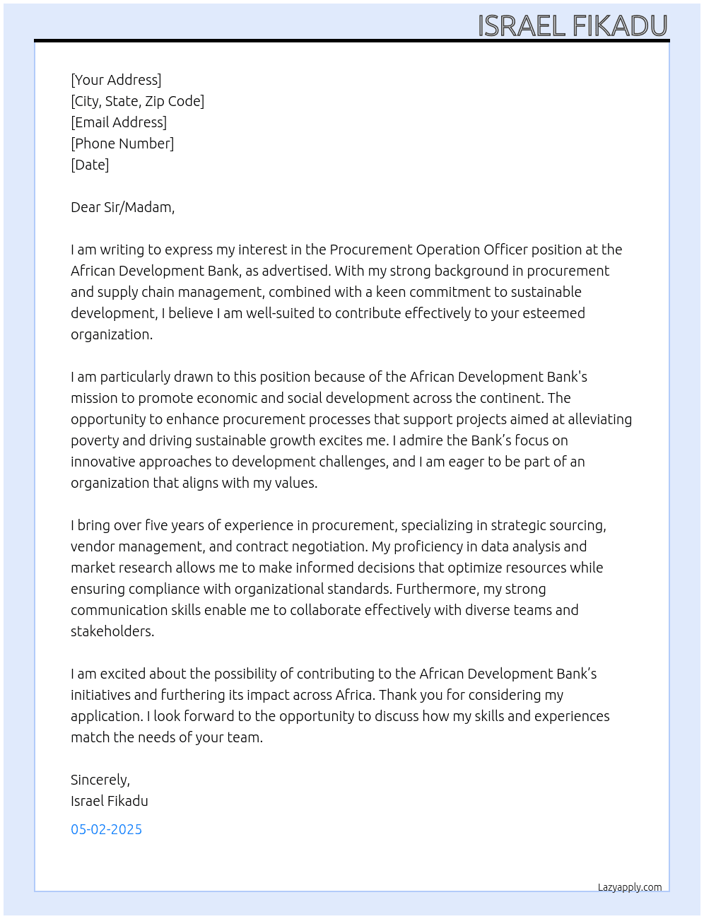 Cover letter for procurment opration officer - LazyApply