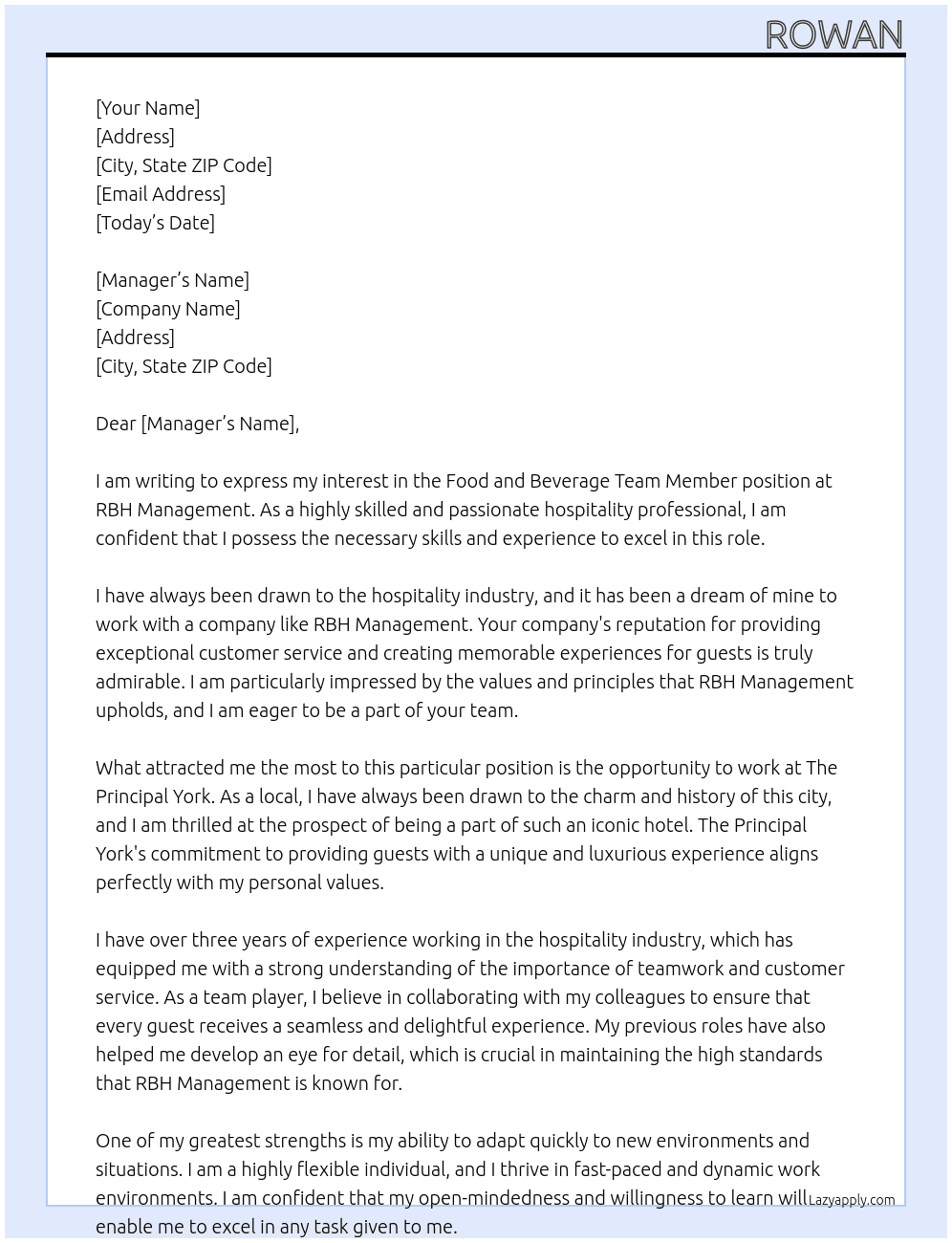food and beverage team member  At rbh management  Cover Letter