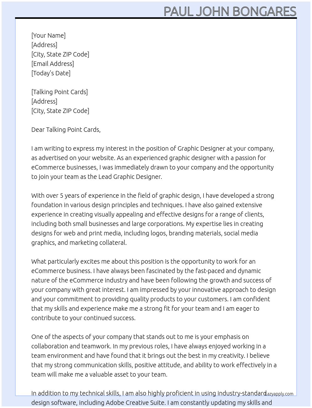 graphic designer At Lead Graphic Designer for eCommerce Business Cover Letter