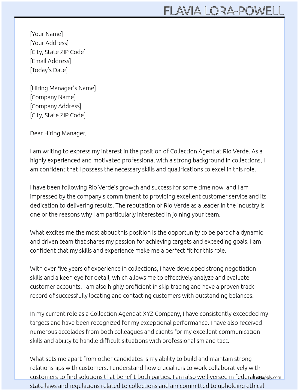 Collection agent At Rio verde  Cover Letter