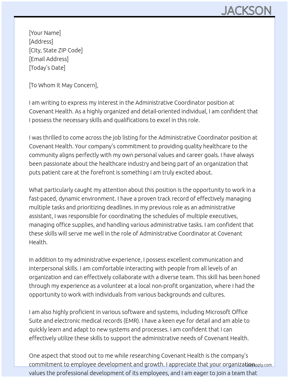 Administrative Coordinator At Covenant Health Cover Letter