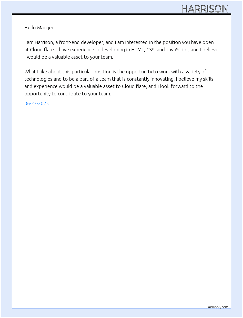 Front-end developer  At Cloud flare  Cover Letter