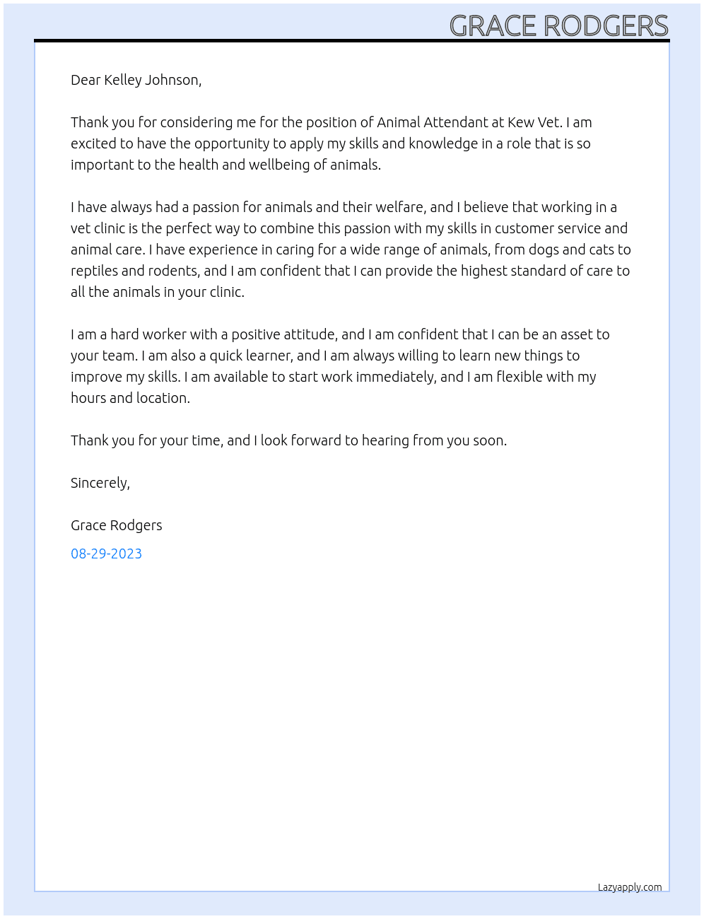 Animal Attendant At Kew Vet Cover Letter