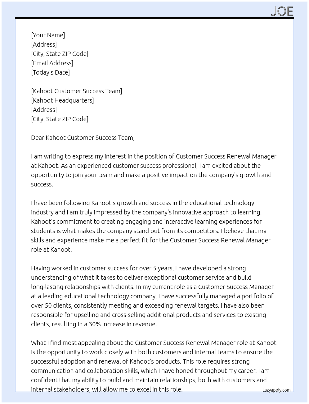 Customer Success Renewal Manager  At Kahoot Cover Letter