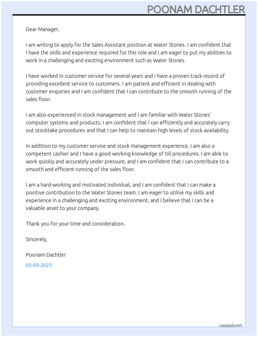Sales assistant At Water Stones Cover Letter