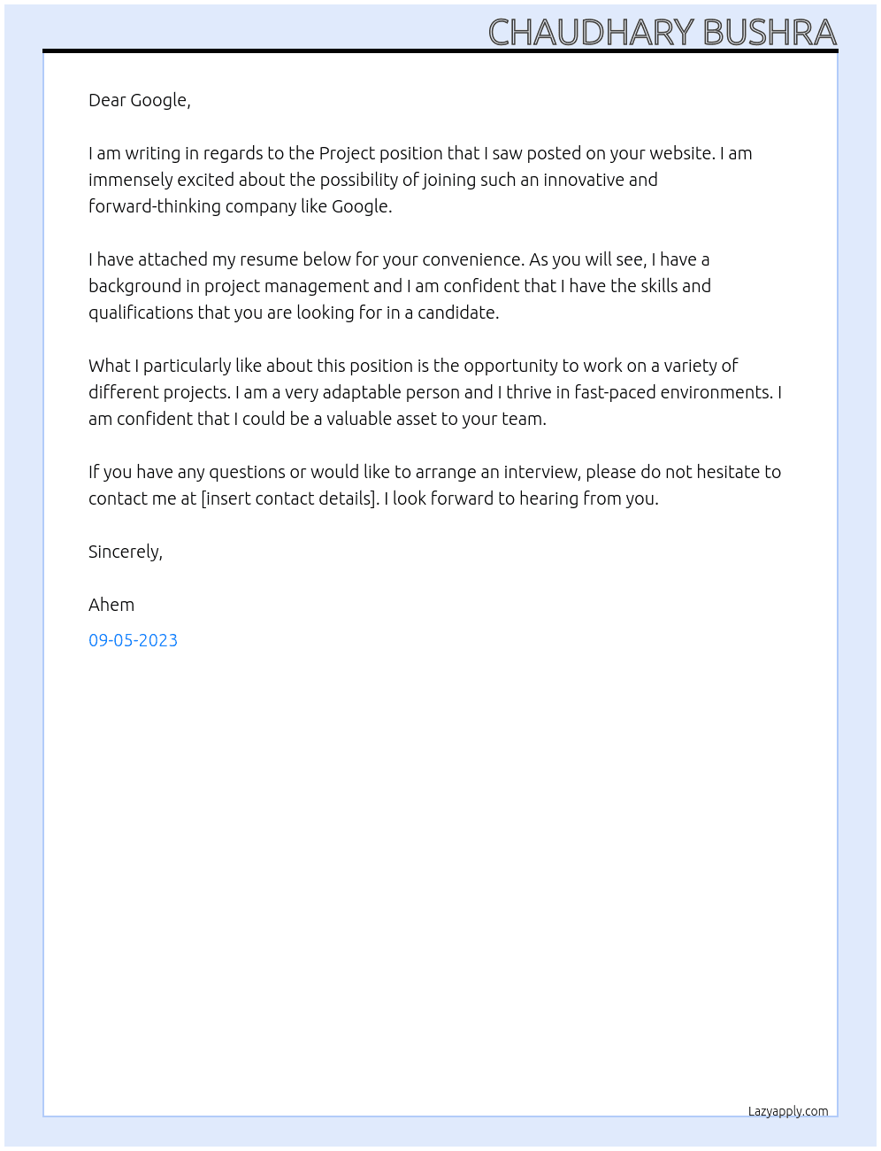 Project  At Google  Cover Letter