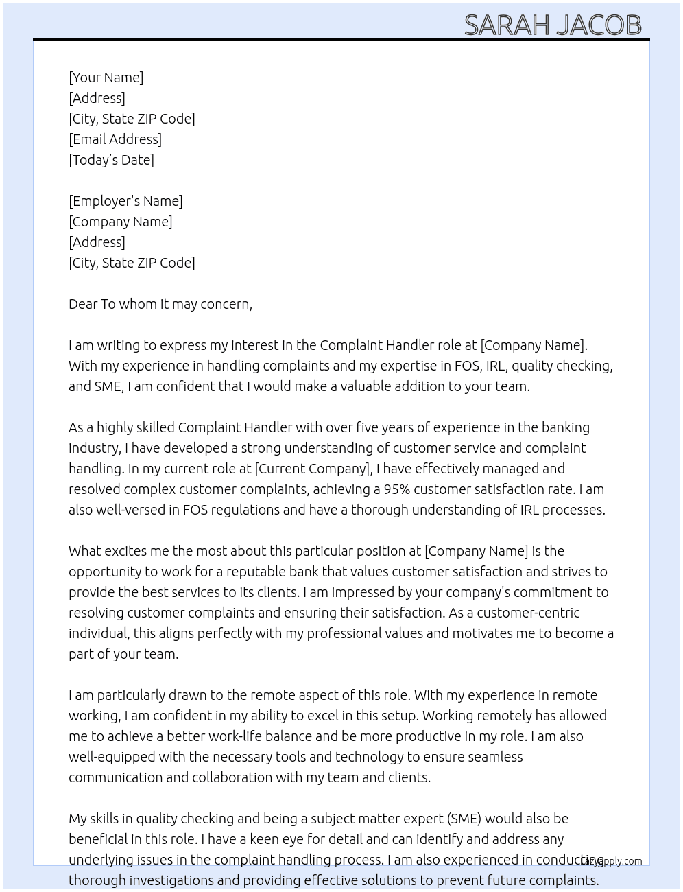 Complaint handler At Bank Cover Letter