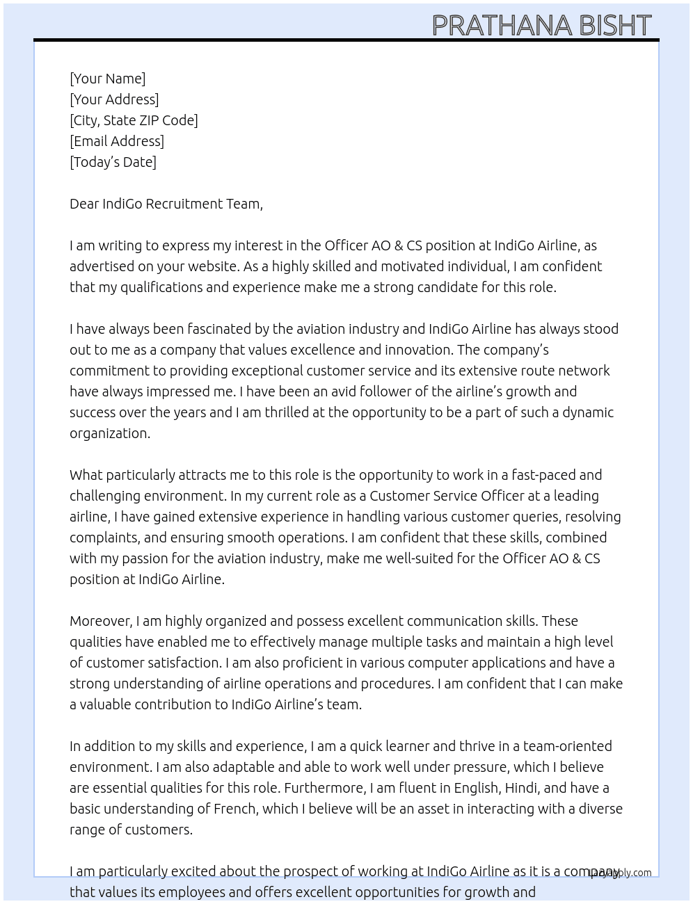 Application for the position of Officer AO & CS  At IndiGo Airline  Cover Letter