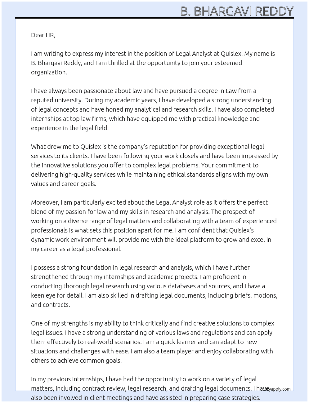 Legal Analyst At Quislex Cover Letter
