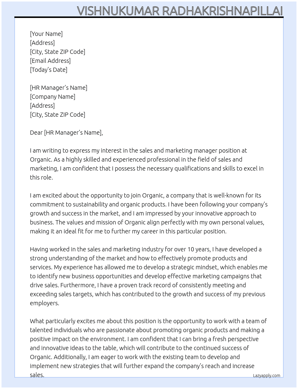 sales and marketing manager  At organic  Cover Letter