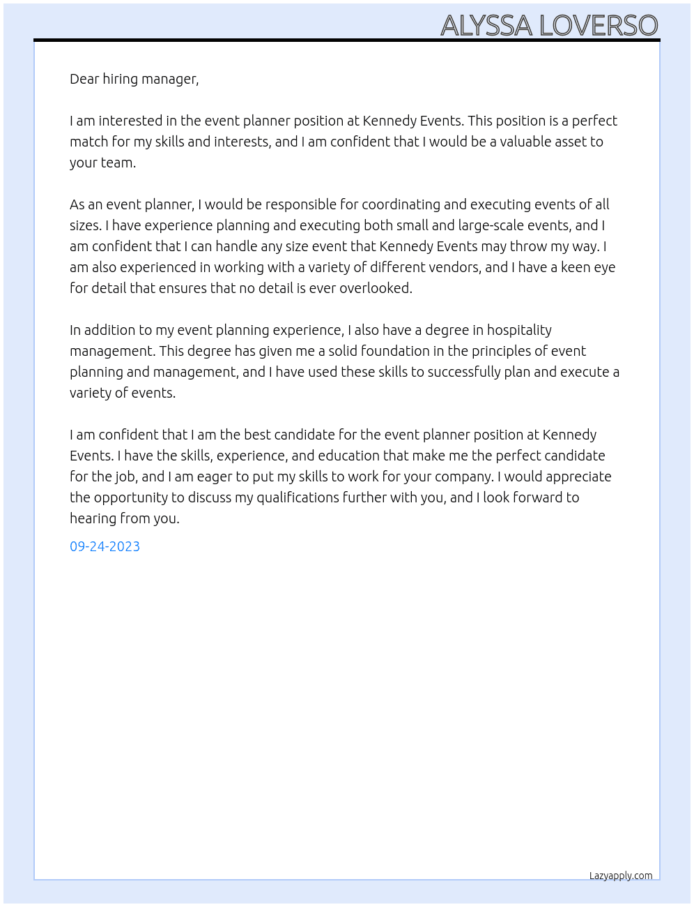 Event Planner At Kennedy Events  Cover Letter
