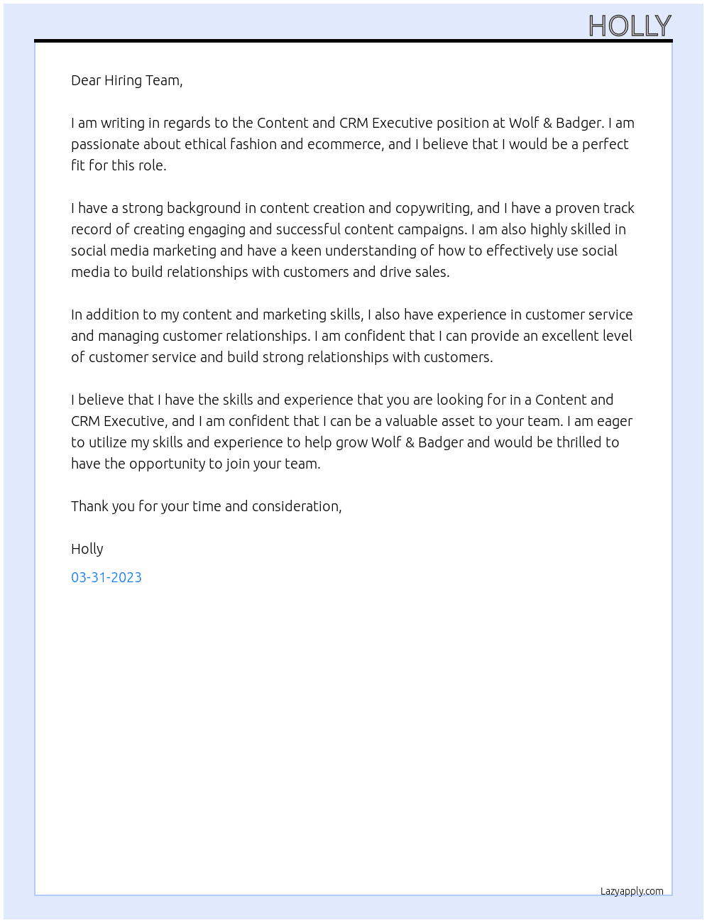 Content and CRM Executive - Ethical Fashion/Ecommerce At Wolf & Badger Cover Letter