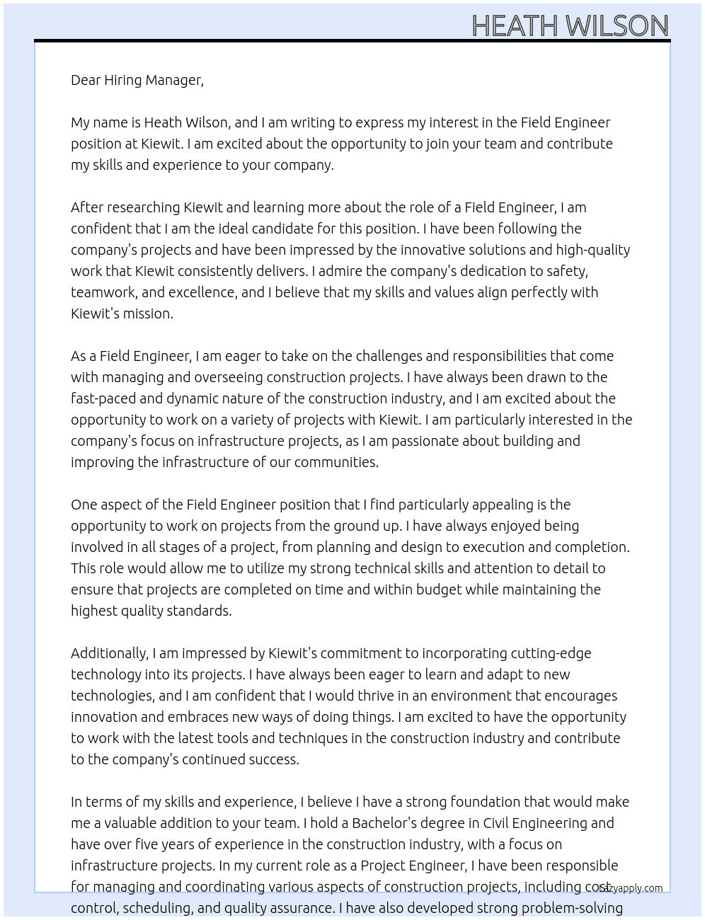 Field Engineer At Kiewit Cover Letter