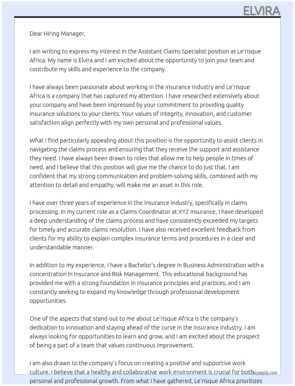 Assistant claims specialist At Le'risque Africa Cover Letter