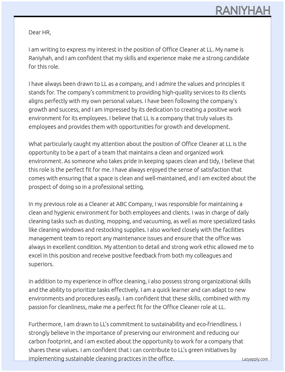 Office cleaner At Ll  Cover Letter