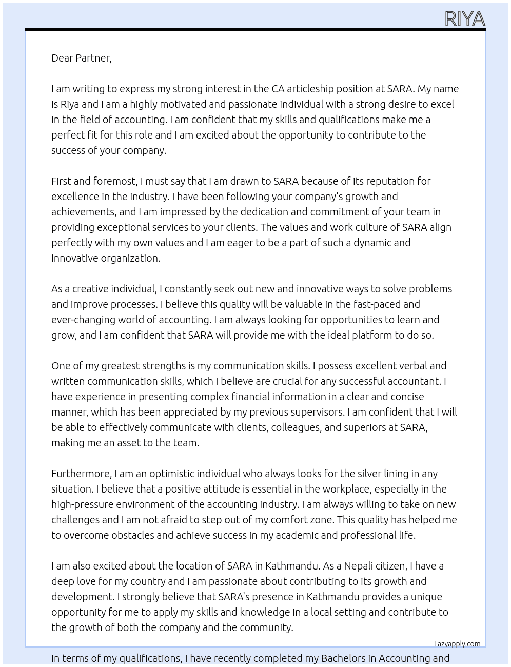 Ca articleship  At SARA Cover Letter